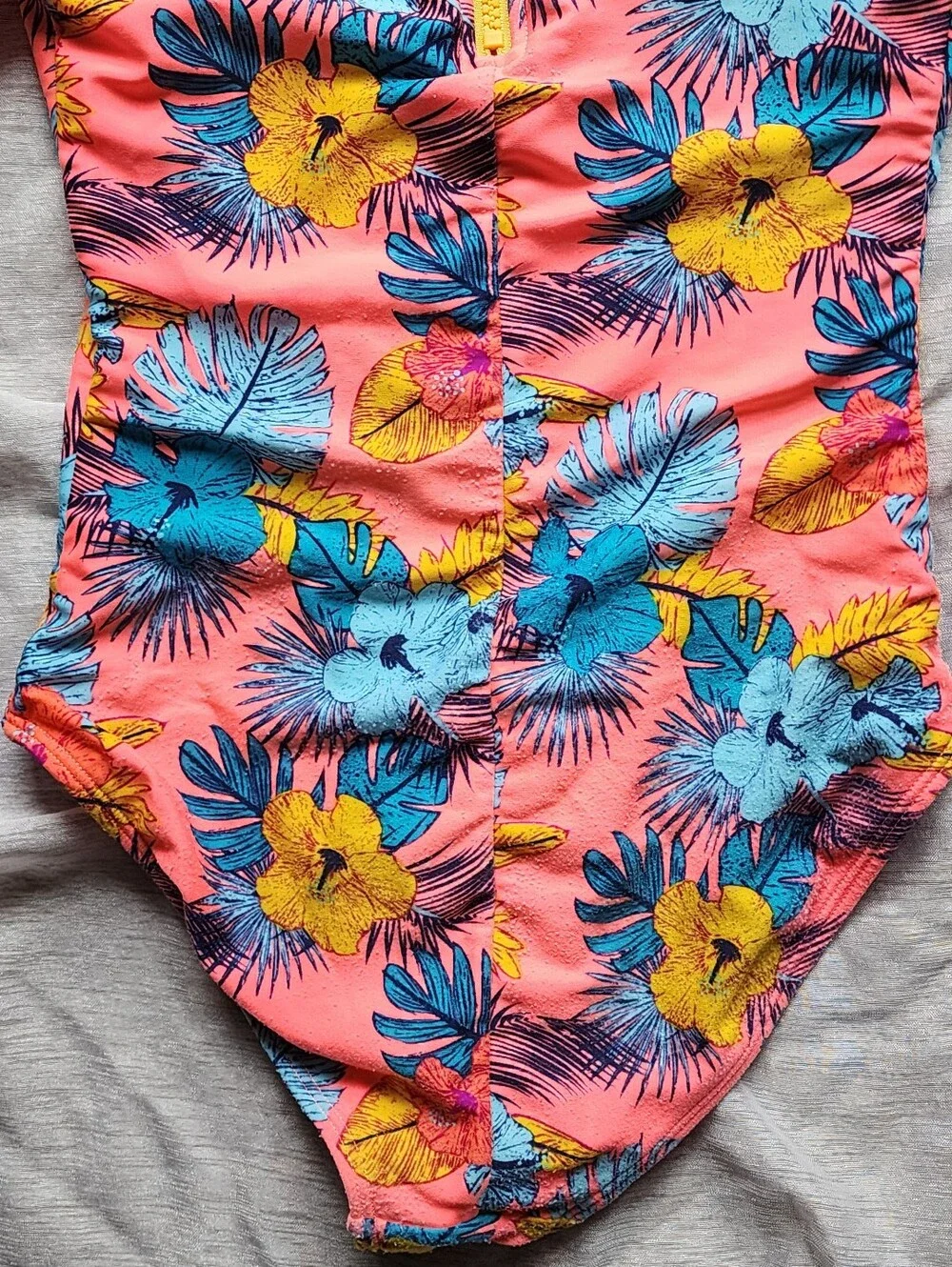 Girls Size 10-12 Swimsuit By Art Class, Bright Floral Print, Snags On Sleeves